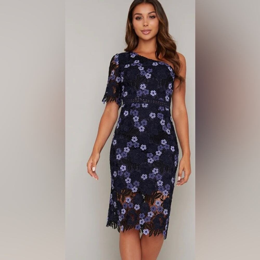 Chi Chi London Lenka Lace One Shoulder Special Occasion Dress Blue Size 12 NWT
